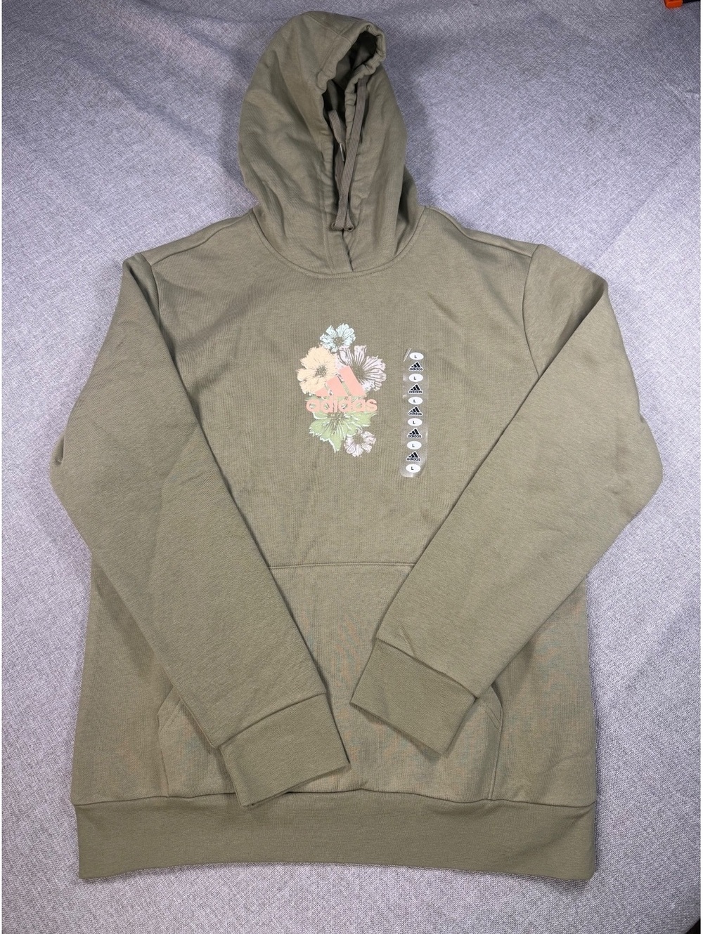 Adidas Women’s Hoodie with Floral Logo Print in Olive Green, Size L